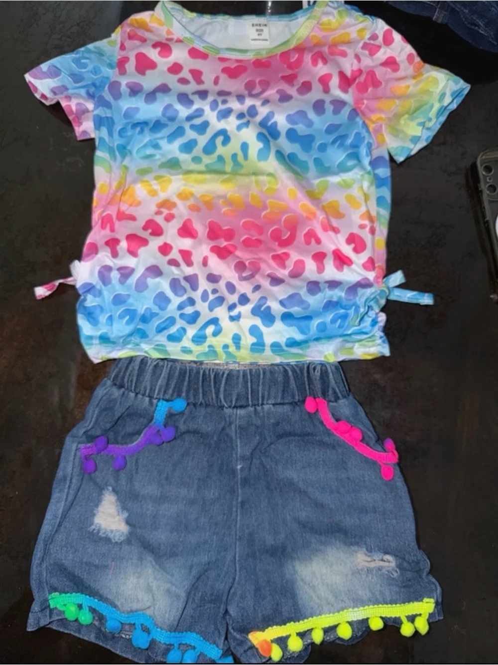 Kids Rainbow Leopard Print Top & Denim Shorts Matching Set - Multicolor